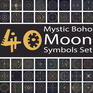 Puede incluir: Un conjunto de 40 símbolos Mystic Boho Moon en oro y blanco sobre un fondo azul oscuro. El texto "Mystic Boho Moon Symbols Set" se muestra en blanco. Los símbolos son circulares con diseños celestiales.