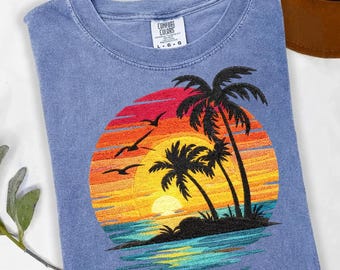Comfort Colors® Sunset Beach Shirt, Tropical Palm Tree Shirt, Summer Vacation Tee, Ocean Sunset Shirt, Coastal Aesthetic Shirt