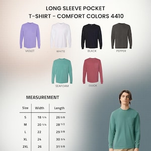 以下が含まれることがあります： 紫、白、黒、ペッパー、シーフォーム、ブリックの長袖ポケットTシャツのディスプレイ。Sから2XLまでのサイズ表があり、幅は46.36cmから66.04cm、長さは67.63cmから80.33cmです。