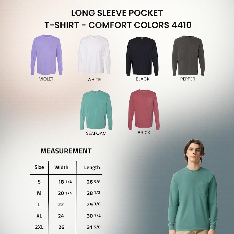 以下が含まれることがあります： 紫、白、黒、ペッパー、シーフォーム、ブリックの長袖ポケットTシャツのディスプレイ。Sから2XLまでのサイズ表があり、幅は46.36cmから66.04cm、長さは67.63cmから80.33cmです。