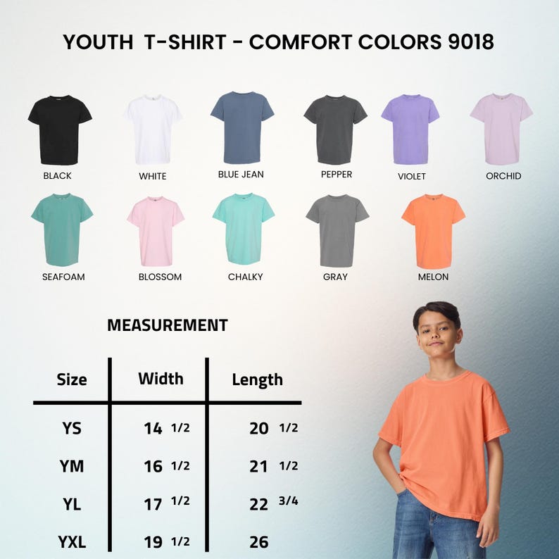 以下が含まれることがあります： メロン色のユースTシャツ。画像には、黒、白、ブルージーンズ、ペッパー、バイオレット、オーキッド、シーフォーム、ブロッサム、チョーキー、グレーなど、さまざまなTシャツの色が表示されています。 幅は36.8cmから49.5cmまで、測定の詳細も記載されています。