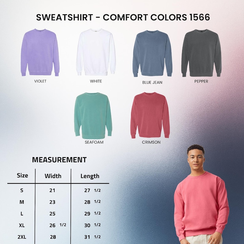 以下が含まれることがあります： 紫、白、ブルーデニム、ペッパー、シーフォーム、クリムゾンなど、さまざまな色のクルーネックのスウェットシャツのセレクション。画像には、サイズSから2XLまでの幅と長さのインチ単位の測定値を示すサイズチャートも表示されています。