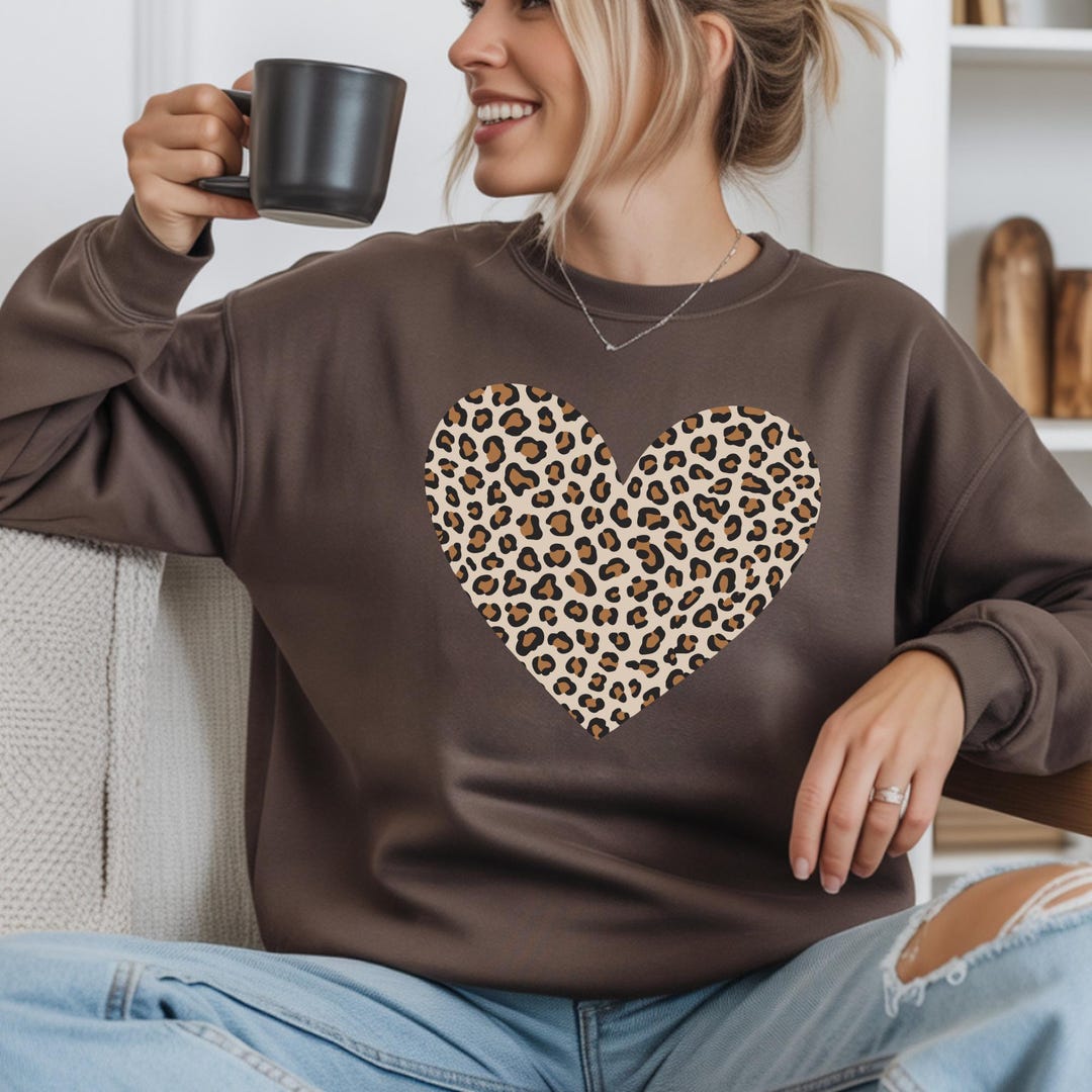 Leopard Heart Drop Shoulder Long Sleeve Sweatshirt main image 1