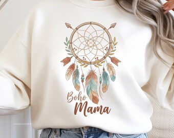 ボヘミアンママスウェットシャツ、ドリームキャッチャーママクルーネック母の日ギフト、ボヘミアンママセーター、ワイルドフラワーママギフト、ボヘミアンママシャツレディース、アースカラー