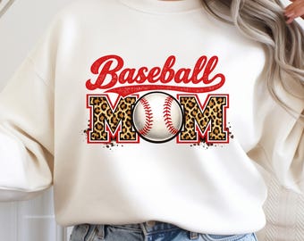 野球ママのスウェットシャツ（ヒョウ柄）、レトロな野球ママのクルーネック、母の日ギフト、試合観戦用セーター（女性用）、野球ママシャツ、ママパーカー