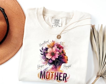 無条件の唯一無二の力強い母親Tシャツ、花柄の黒い女性用Tシャツ、母の日ギフト、コンフォートカラーズ