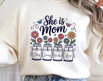 彼女はママ スウェットシャツ、花柄ママ クルーネック 母の日ギフト、強くて愛情深く美しい優しいママ、ママ 花柄セーター、最高のママギフト 女性