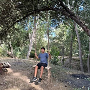 May include: A person sits on a wooden swing hanging from a tree branch. The swing has a wooden seat and rope supports. The person wears a blue top, black shorts, and trainers. The background shows trees and a picnic table.