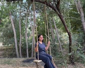 Handmade Oak Wood Swing: Rustic Jute Rope, Personalized Garden Decor