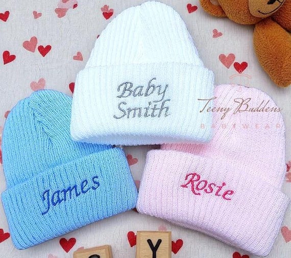 Personalised Baby Beanie Hat – Newborn Knitted Embroidered Hat, Unisex Boys & Girls