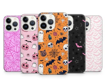 Cute Pastel Halloween Phone Case Spooky Bats Ghosts Pattern Phone Cover for iPhone 17 16 15 14 13 12 11 XR Samsung S25 S24 S23 S22 Pixel 10