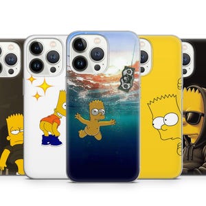 May include: Five phone cases showcasing Bart Simpson from The Simpsons. The cases feature different images of Bart, such as underwater, wearing sunglasses, and in other poses. The cases are in various colours, including black, white, and yellow.