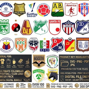 Könnte beinhalten: Eine digitale Sammlung von Logos kolumbianischer Fußballvereine mit verschiedenen Schild- und Kreisdesigns in mehreren Farben. Das Bild enthält Textbeschriftungen wie Ultimate Colombian Football Club Logo Mega Pack und Product Key Highlights.