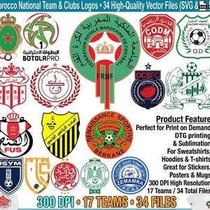 Peut inclure: Une collection de 34 fichiers vectoriels de haute qualité présentant les logos des équipes et clubs de football nationaux marocains. L'image affiche divers emblèmes circulaires et en forme de bouclier en rouge, vert, jaune et bleu, avec du texte en arabe et en anglais.