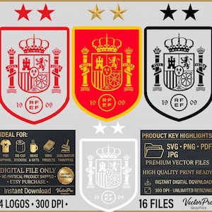 May include: A digital graphic set featuring the Royal Spanish Football Federation crest in red, yellow, and black variations, plus a white outline version. Includes text labels for file formats like SVG, PNG, PDF, and JPG, and usage icons.
