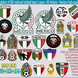 Könnte beinhalten: Eine Sammlung von Logos der mexikanischen Fußballnationalmannschaft, die die Entwicklung der Designs zeigt. Die Logos zeigen die Farben Grün, Weiß und Rot, mit verschiedenen Emblemen, darunter Adler, Schilde und das Wort "MEXICO". Das Bild enthält auch Text zu Print-on-Demand-Optionen.