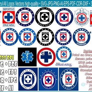 Könnte beinhalten: Eine Sammlung von Cruz Azul Logos in verschiedenen kreisförmigen und rechteckigen Designs. Die Logos zeigen ein blaues Kreuz auf weißem Hintergrund, oft in einem roten oder blauen Kreis. Text beinhaltet "Deportivo" und "Cruz Azul". Formate: SVG, JPG, PNG, AI, EPS, PDF, CDR und DXF.