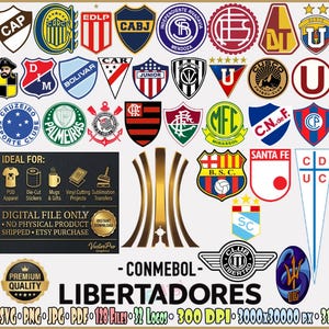 Op de afbeelding: Een digitale collectie van diverse logo's en emblemen van Zuid-Amerikaanse voetbalclubs, met een centrale gouden trofee-afbeelding, de tekst CONMEBOL LIBERTADORES en een zwart informatievak over bestandsformaten zoals SVG, PNG, JPG en PDF.