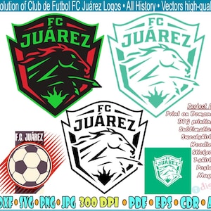 Könnte beinhalten: Grafik mit verschiedenen Logos des FC Juárez, einem Fußballverein. Die Logos zeigen einen Pferdekopf und den Teamnamen. Der Text "Evolution of Club de Futbol FC Juárez Logos" und Dateitypoptionen sind ebenfalls enthalten.