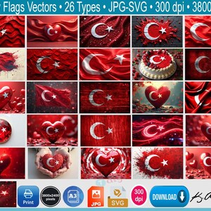 Könnte beinhalten: Eine Sammlung von 26 Vektorillustrationen mit der türkischen Flagge in verschiedenen künstlerischen Stilen. Die Designs umfassen wehende Flaggen, Herzformen und abstrakte Kompositionen, hauptsächlich in Rot und Weiß. Der Text "Turkey Flags Vectors" ist ebenfalls enthalten.