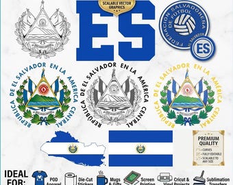 May include: A digital graphic bundle featuring El Salvador logos, including the national coat of arms in color and monochrome, the national flag, a map outline, and sports federation emblems. The text includes EL SALVADOR LOGO BUNDLE and file formats.