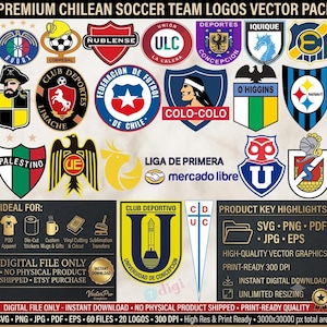 Op de afbeelding: Een digitale collectie van Chileense voetbalteamlogo's met diverse schild- en embleemontwerpen. De afbeelding bevat tekst zoals PREMIUM CHILEAN SOCCER TEAM LOGOS VECTOR PACK, LIGA DE PRIMERA en MERCADO LIBRE, naast bestandsformaatpictogrammen en technische specificaties zoals 300 DPI en SVG, PNG, PDF, JPG en EPS.