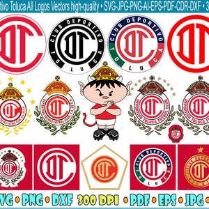 May include: A collection of Deportivo Toluca logos in various designs. The logos feature the letters "DT" in red, white, black, and gold, set within circles, crests, and a pentagon. A cartoon character in a red and white outfit is also included.