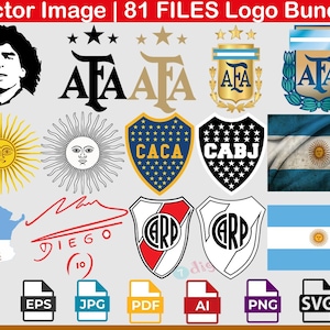 Puede incluir: Una colección de imágenes vectoriales con logotipos, banderas e ilustraciones argentinas. Incluye el texto "Vector Image | 81 FILES Logo Bundle", logotipos de AFA, Boca Juniors, River Plate y un retrato de Diego Maradona. Los tipos de archivo incluyen EPS, JPG, PDF, AI, PNG y SVG.