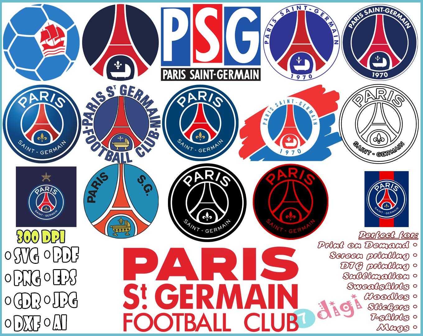 All PSG Logos Svg-eps-pdf-png-jpg-ai-dxf-cdr Bundle, Paris Saint
