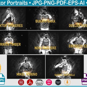 Könnte beinhalten: Digitaldruck mit stilisierten Porträts von Fußballspielern. Jedes Porträt ist vor einem dunklen Hintergrund mit einem dynamischen Leuchteffekt platziert. Die Namen der Spieler sind in goldfarbenem Text dargestellt. Datei-Typ-Symbole sind enthalten.