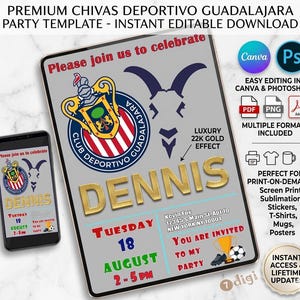 Könnte beinhalten: Digitale Party-Einladungsvorlage für ein Chivas Deportivo Guadalajara-Event. Das Design zeigt das Logo des Teams, goldene Schriftzüge und den Text "Please join us to celebrate". Enthält mehrere Formate für Print-on-Demand.