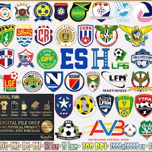 Può includere: Una collezione di vari loghi ed emblemi di associazioni calcistiche caraibiche con palloni da calcio, colori nazionali e testo. L'immagine include un riquadro informativo nero con il testo IDEAL FOR, DIGITAL FILE ONLY e specifiche sui formati.