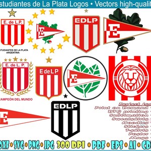 Könnte beinhalten: Eine Sammlung von Estudiantes de La Plata Logos und Vektorgrafiken mit rot-weiß gestreiften Wappen, Wimpeln, Sternen und einem Löwenemblem. Das Bild enthält Text wie Estudiantes de La Plata, Campeón del Mundo und verschiedene Dateiformate.