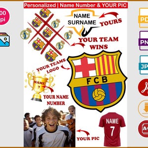 Peut inclure: Un design personnalis&eacute; sur le th&egrave;me du football avec le texte "Personalized | Name Number & YOUR PIC". Il comprend un maillot de foot avec le nom et le num&eacute;ro 7, un troph&eacute;e et un jeu de morpion avec des logos d'&eacute;quipe. Des ic&ocirc;nes de type de fichier sont &eacute;galement incluses.
