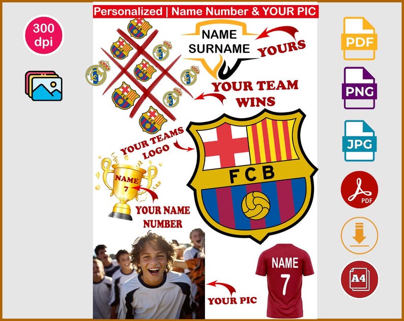 Peut inclure: Un design personnalis&eacute; sur le th&egrave;me du football avec le texte "Personalized | Name Number & YOUR PIC". Il comprend un maillot de foot avec le nom et le num&eacute;ro 7, un troph&eacute;e et un jeu de morpion avec des logos d'&eacute;quipe. Des ic&ocirc;nes de type de fichier sont &eacute;galement incluses.