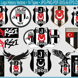 May include: A collection of 14 Besiktas logo history vectors in various styles. The logos feature the letters "BJK", a crescent moon and star, and the year "1903". The logos are in black, white, red, and gold.