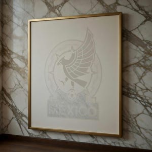 May include: Framed artwork featuring the Mexican national team emblem. The emblem, in shades of gray, includes a stylized eagle with outstretched wings, a soccer ball, and the word "MEXICO". The frame is gold.