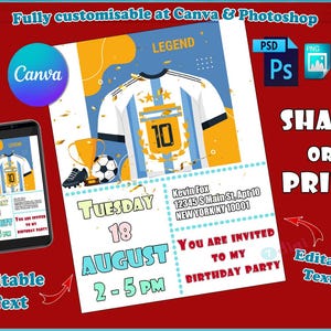 Könnte beinhalten: Eine Einladung zum Geburtstag mit Fußball-Motiv, mit einem weiß-hellblauen Trikot-Design, einem Fußball und einer Trophäe. Die Einladung enthält den Text "Dienstag 18. August 14-17 Uhr" und "Du bist zu meiner Geburtstagsparty eingeladen."