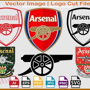 Könnte beinhalten: Verschiedene Arsenal-Logos mit Kanonen-Motiven und dem Schriftzug "Arsenal". Die Logos sind in Rot, Weiß und Schwarz gehalten. Unterhalb befinden sich Icons für verschiedene Dateiformate.