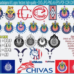 Könnte beinhalten: Eine Sammlung von Chivas Guadalajara-Logos in verschiedenen Stilen, darunter kreisförmige Wappen mit roten und weißen Streifen, ein Ziegenkopf und Text. Das Bild enthält Dateiformatoptionen wie SVG, JPG, PNG und EPS.