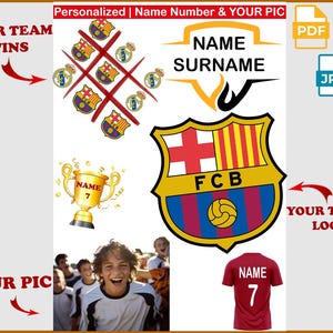 Peut inclure: Conception graphique sur le th&egrave;me du football avec le texte "YOUR TEAM WINS" et "YOUR PIC". Comprend un maillot de foot avec "NAME 7", un troph&eacute;e et des logos d'&eacute;quipes. Inclut des ic&ocirc;nes de type de fichier.