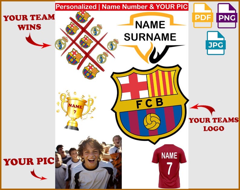 Peut inclure: Conception graphique sur le th&egrave;me du football avec le texte "YOUR TEAM WINS" et "YOUR PIC". Comprend un maillot de foot avec "NAME 7", un troph&eacute;e et des logos d'&eacute;quipes. Inclut des ic&ocirc;nes de type de fichier.