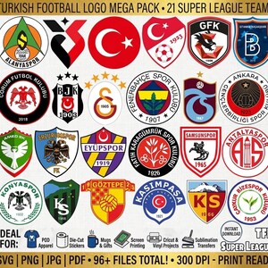 Könnte beinhalten: Eine digitale Sammlung von 21 Logos türkischer Fußballvereine, angeordnet in einem Raster. Das Bild zeigt verschiedene schildförmige und kreisförmige Embleme mit Vereinsnamen, Daten und Symbolen wie Adlern, Sternen und Fußbällen. Der Text oben lautet TURKISH FOOTBALL LOGO MEGA PACK 21 SUPER LEAGUE TEAMS.