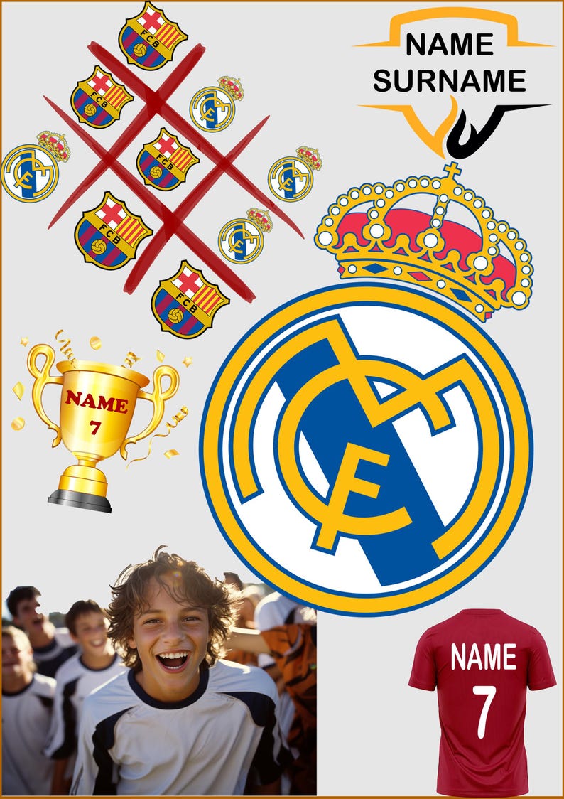 Peut inclure: Un collage avec des graphiques sur le th&egrave;me du football. Il comprend un jeu de morpion avec des logos d'&eacute;quipes, un troph&eacute;e dor&eacute;, une couronne et un maillot avec "NAME" et le num&eacute;ro 7. Un grand logo d'&eacute;quipe est &eacute;galement pr&eacute;sent.