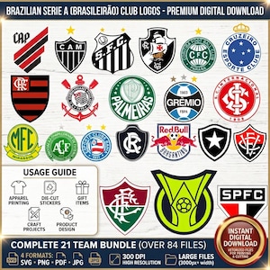May include: A collection of twenty-one Brazilian Serie A soccer club logos in various shapes and colors, including shields and circular emblems. The image includes a usage guide with icons for apparel, stickers, gifts, and crafts, plus text labels.