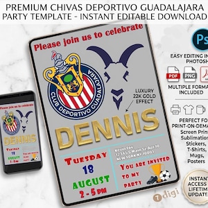 Könnte beinhalten: Eine digitale Einladungsvorlage für den Club Deportivo Guadalajara mit dem Vereinswappen, einer Ziegensilhouette und dem Namen DENNIS in Goldeffekt. Der graue Hintergrund enthält roten und grünen Text, einen Pokal und einen Fußball.