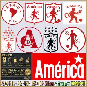 Könnte beinhalten: Eine Sammlung digitaler Grafikdateien mit verschiedenen rot-weißen Logos für America F.C., darunter Schild- und Kreisdesigns mit Teufelsfiguren, Dreizacken, Fußbällen und Sternen sowie Textbeschriftungen für Dateiformate.