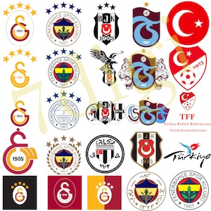 Könnte beinhalten: Eine Sammlung von Logos und Emblemen türkischer Fußballvereine. Die Logos zeigen verschiedene Designs, darunter Wappen, Sterne und die türkische Flagge. Die Logos sind in verschiedenen Farben gehalten, darunter Rot, Weiß, Schwarz und Gelb.
