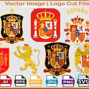Könnte beinhalten: Eine Sammlung spanischer Vektorgrafiken, darunter Wappen, ein Löwe und das Wort "ESPAÑA". Die Designs zeigen Kronen, Schilde und den Text "PLUS ULTRA". Dateiformate sind AI, EPS, PDF, JPG, PNG und SVG.