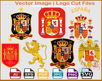 May include: A collection of Spanish-themed vector graphics, including coat of arms designs, a lion, and the word "ESPAÑA." The designs feature crowns, shields, and the text "PLUS ULTRA." File formats include AI, EPS, PDF, JPG, PNG, and SVG.